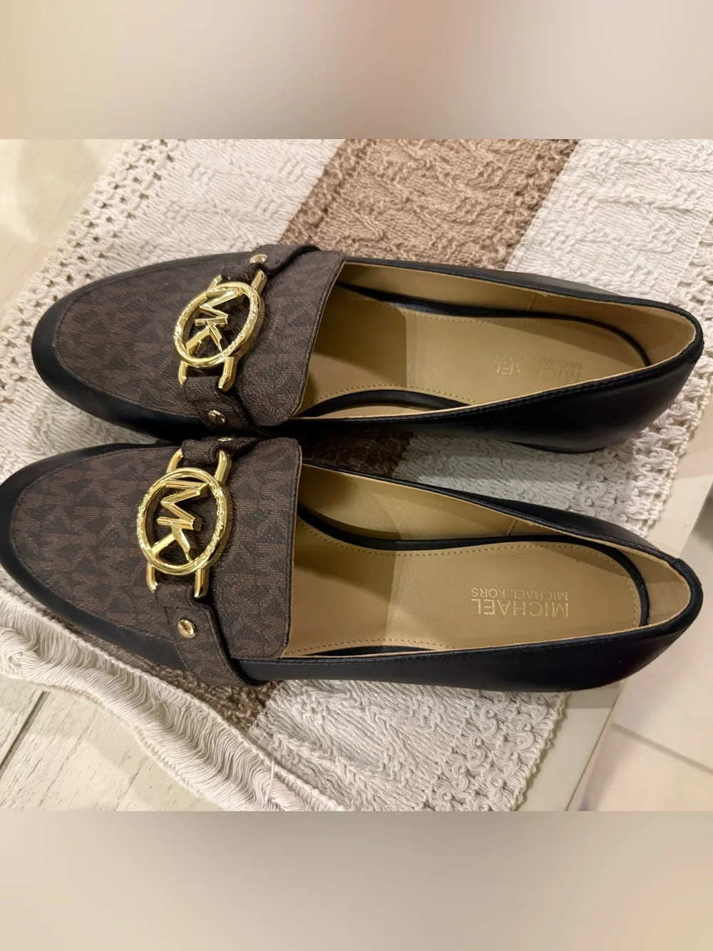Michael Kors Brown Logo and Black Trim Gold-MK Loafers
